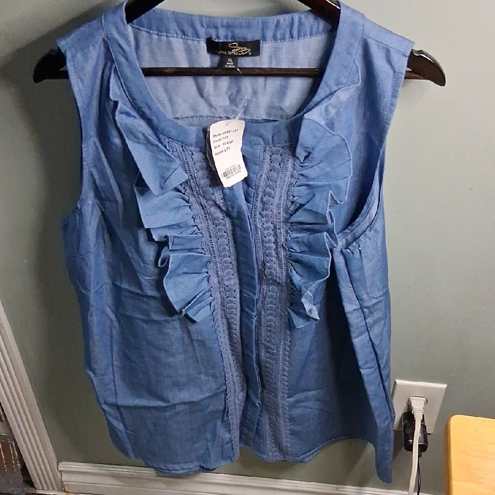 Suzanne Betro Blue Ruffle Blouse